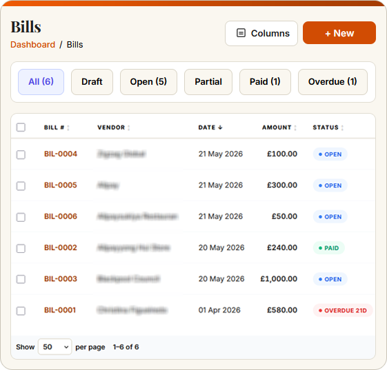 SwiftBooks Pro bills list with filter tabs, vendor amounts and open, paid and overdue status badges