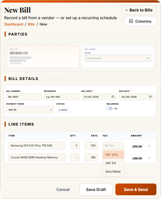 SwiftBooks Pro New Bill form with vendor details, line items and VAT tax selection