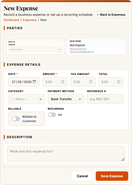 SwiftBooks Pro New Expense form with party, amount, tax, and description fields