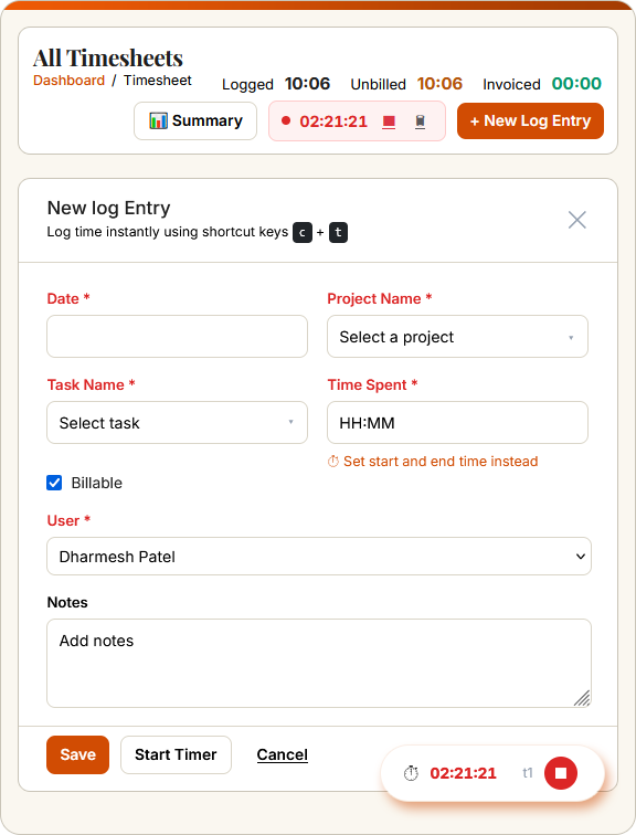 SwiftBooks Pro new log entry form for tracking billable project time
