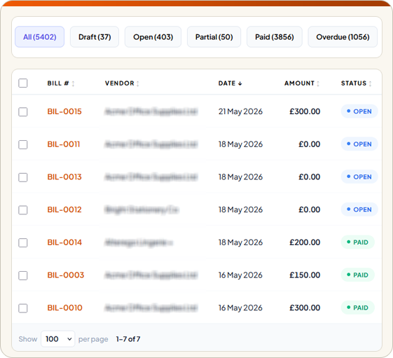 SwiftBooks Pro bills list with filter tabs, vendor amounts and open and paid status badges