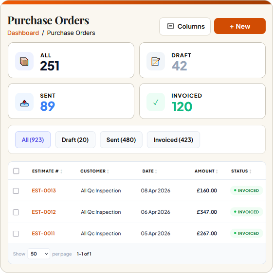 SwiftBooks Pro Purchase Orders dashboard with summary cards, filter tabs and order list