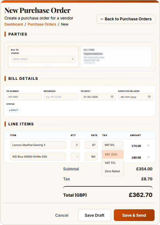 SwiftBooks Pro New Purchase Order form with vendor, line items and VAT tax selection