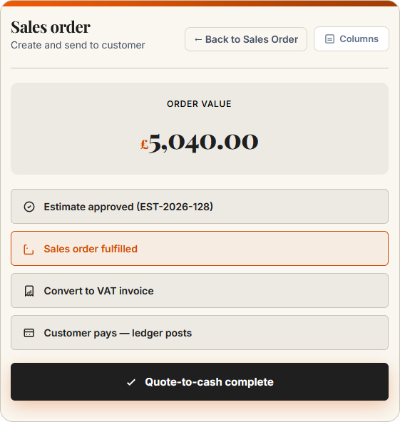Order-to-cash workflow — estimate, sales order, invoice and payment